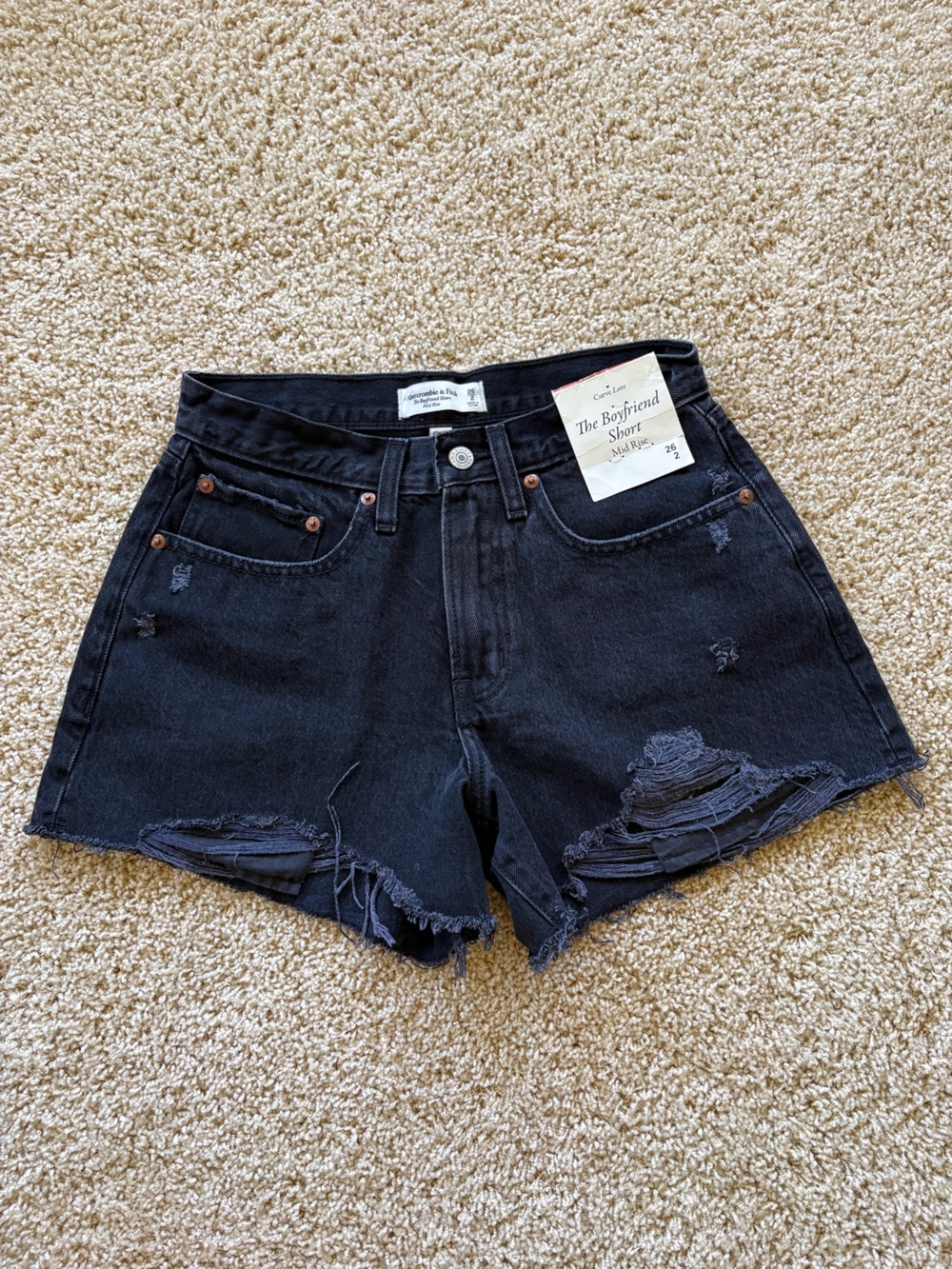 Abercrombie Curve Love Mid Rise Boyfriend Shorts 26/2 Black Distressed